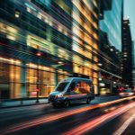 a sleek urban delivery van speeds through a bustling city street, its vibrant branding showcasing the urgency of a same-day courier service against a backdrop of modern office buildings.