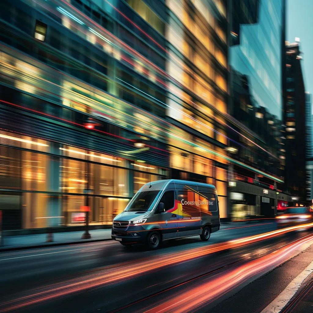 a sleek urban delivery van speeds through a bustling city street, its vibrant branding showcasing the urgency of a same-day courier service against a backdrop of modern office buildings.